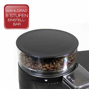 Die Kaffeemaschine mit Mahlwerk Beem D2000.646 besitzt 5 Mahlgrad Stufen, die eingestellt werden können