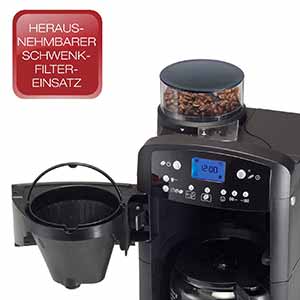 Die Kaffeemaschine mit Mahlwerk Beem D2000.655 besitzt einen herausnehmbaren Schwenkfilter
